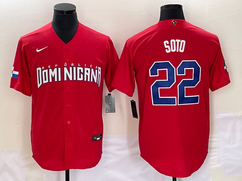 Men's Dominican Republic Baseball #22 Juan Soto 2023 Red World Baseball Classic Stitched Jersey